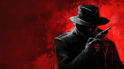 Noir gunman silhouette against visceral red backdrop.