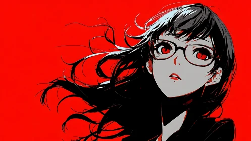 Red-eyed anime girl in stark black silhouette against crimson field