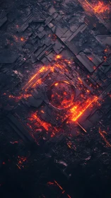 Lava lit geometric structure in dark abstract terrain.