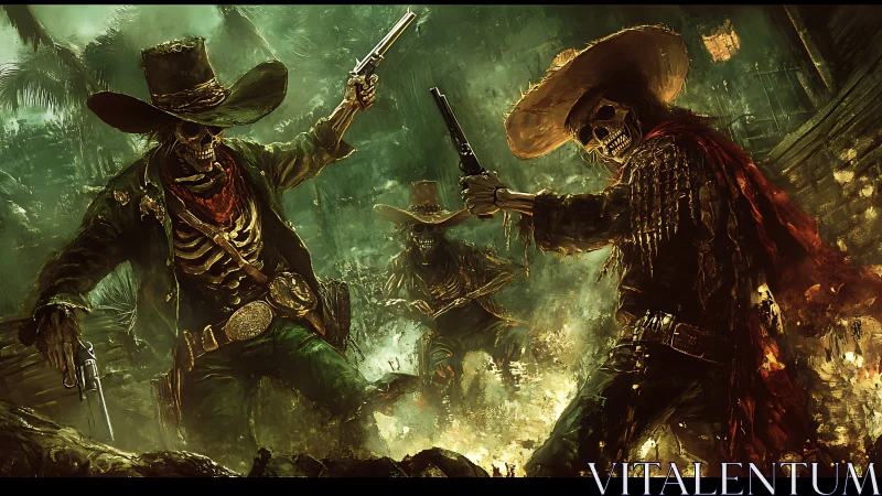 Digital painting of undead gunslinger duel in burning jungle.