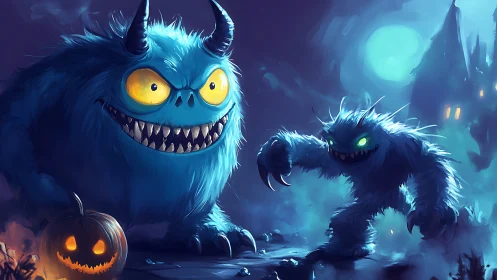 Blue nocturnal monsters stalk moonlit Halloween path.