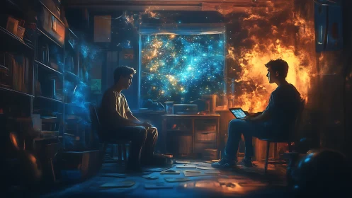Two men sit facing each other in a cosmic lit study room