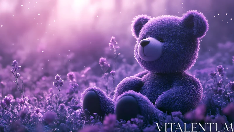 Volumetric lit plush bear rendered in shallow depth lavender field