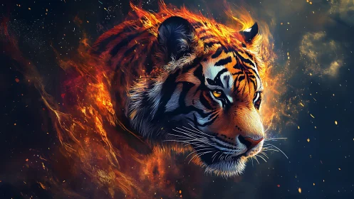 Fiery tiger portrait merges molten embers and darkness.