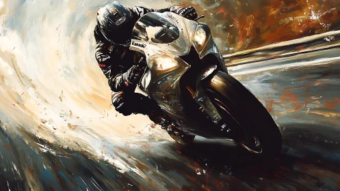 High-speed superbike leaning into a dynamic painted curve.