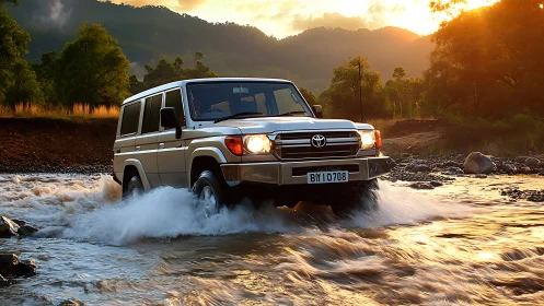 Toyota SUV drives through shallow river at sunset in mountains