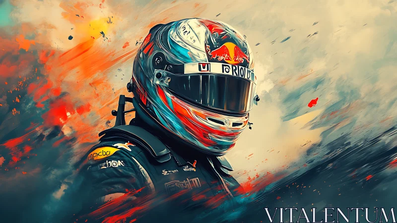 Motorsport driver in helmet stands amid dynamic color streaks