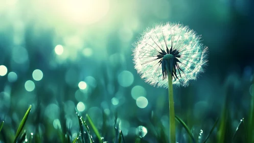 Gentle dandelion seed head shimmers in soft morning light