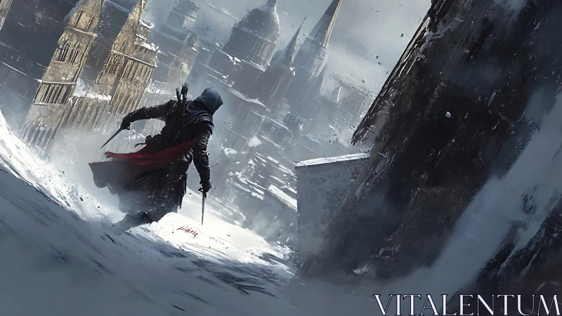 Hooded rogue charges through a wind‑torn, snowbound cityscape
