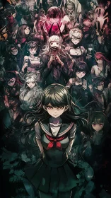 Defiant schoolgirl stands before ominous villain crowd