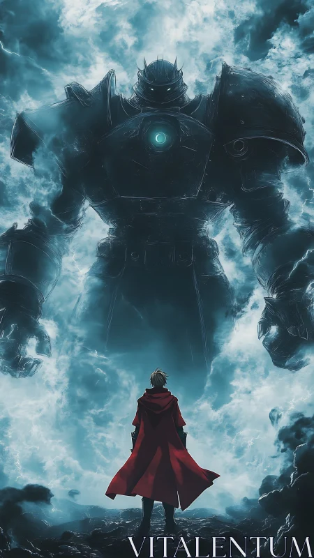 Red cloaked figure confronts towering armored mech in storm