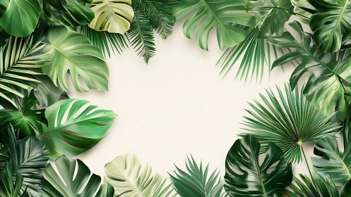 Tropical monstera leaves frame clean pastel background.