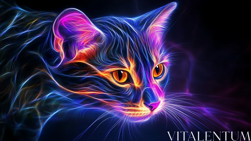 Neon fractal cat portrait glows with vibrant electric light.