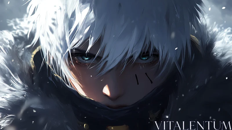 Ice-eyed warrior portrait in storm-lit digital anime style.