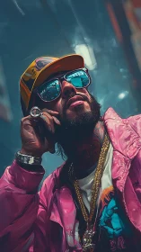 Streetwear icon in neon city glow, reflective chrome accents.