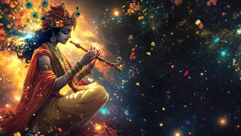 Celestial musician in a swirling universe of golden light.