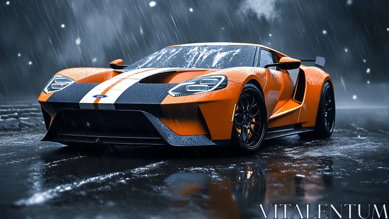 Orange supercar under rain on reflective urban asphalt.