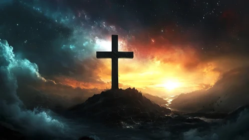 Backlit cruciform silhouette in storm-torn celestial horizon.