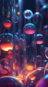 Neon bubble columns glow like liquid lanterns in deep night.
