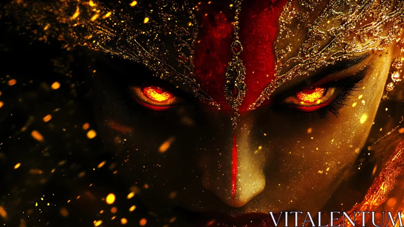 Fiery gaze of a cosmic goddess in molten golden sparks.
