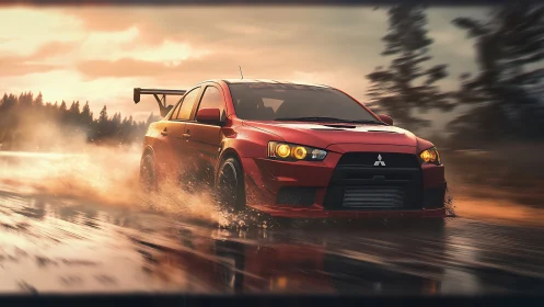 Dynamic rally sedan in cinematic photorealistic motion study.
