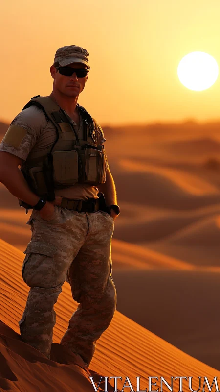 Soldier stands on desert dune under blazing sunset sky.