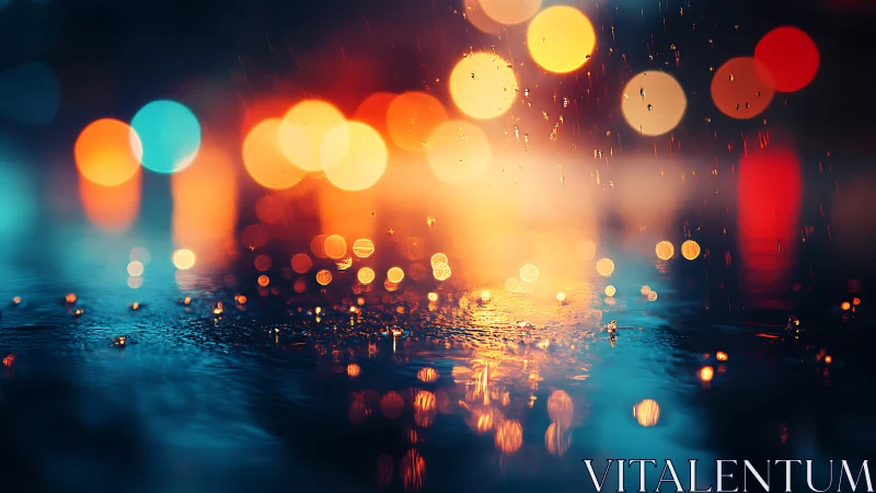 Neon city rain puddle with bokeh reflections at night.