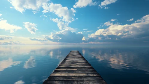 Quiet wooden pier stretching into soft blue horizon sky.
