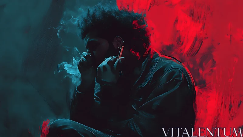 Moody smoker in teal and red dual-toned lighting broods.