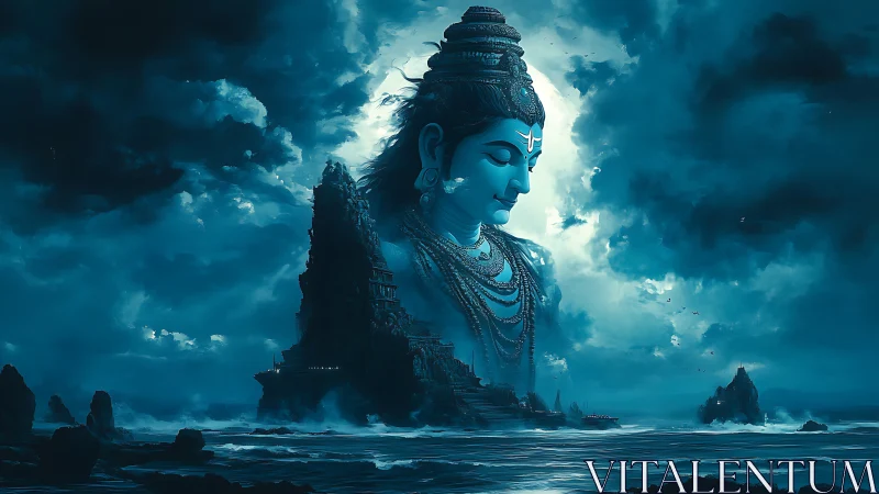 Monochrome teal seascape shows monumental deity above temple