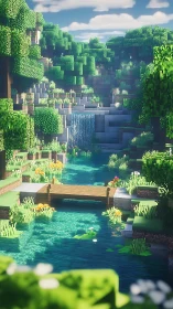 Voxel forest creek with timber bridge and cascade lighting.