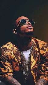 Glamorous tattooed man in gold jacket under dramatic light.
