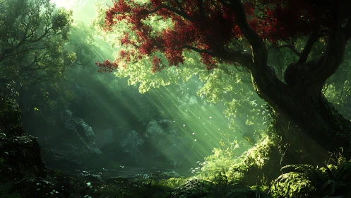 Ancient crimson-crowned tree bathes in ethereal forest light.