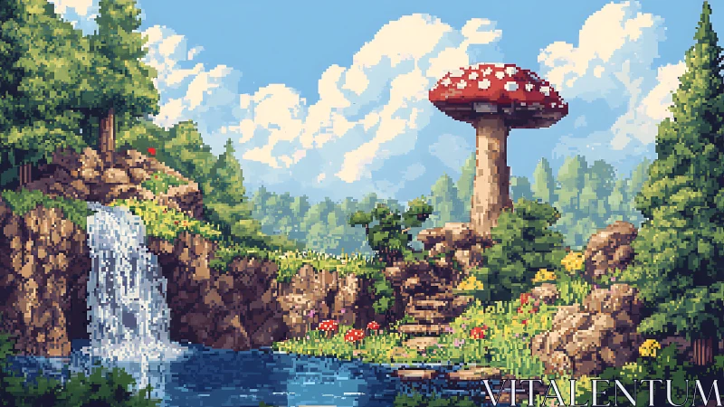 Pixel-rendered forest waterfall and giant mushroom under diffuse daylight