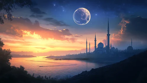 Moonlit mosque skyline overlooks calm water at sunset