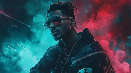 Neon-lit cyber portrait of cool man in cosmic haze.