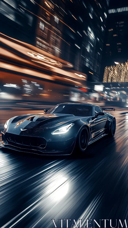 Sports car speeds through wet city street at night