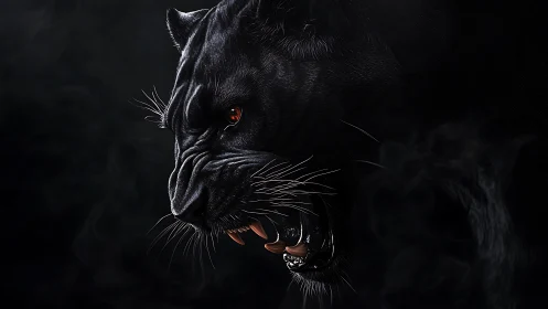 Snarling black panther profile in dramatic low key light.