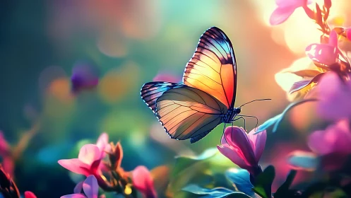Iridescent butterfly hovers over blossoms in luminous bokeh garden