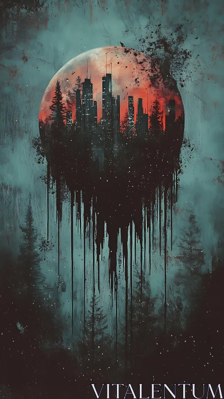 Urban skyline silhouette within circular bleed effect.