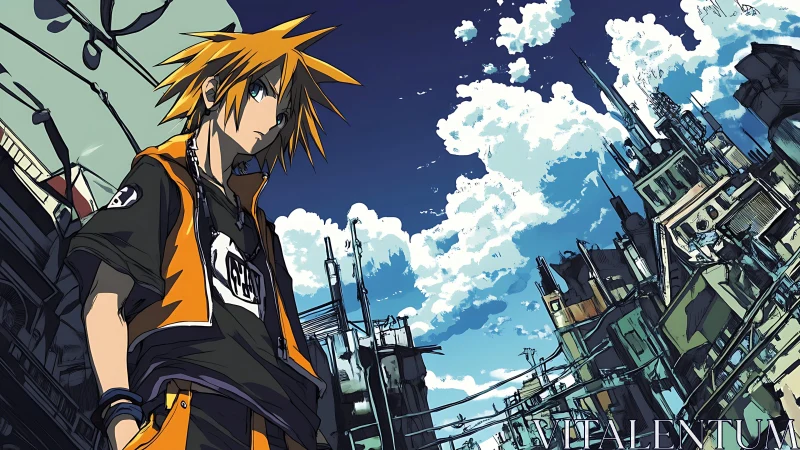 Angular cel-shaded anime teen in tilted urban skyline perspective