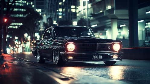 Classic black muscle car parked on wet city street at night
