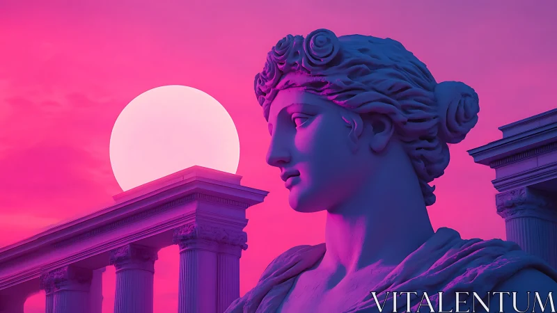 Classical statue against neon pink sky with sun and columns.