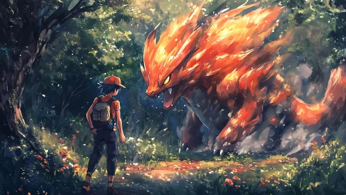 Forest confrontation with incandescent draconic entity rendered.