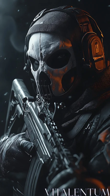 Masked tactical shooter with rifle in low light environment.