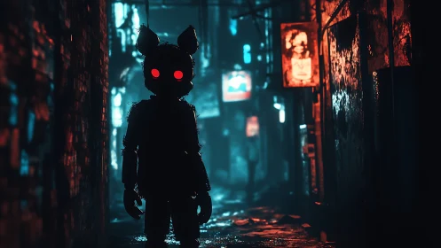 Cybernetic cat silhouette stalks neon-soaked alleyway scene.