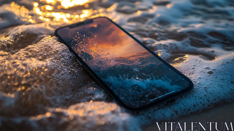 Tide-kissed smartphone portal catching a molten sunset wave.