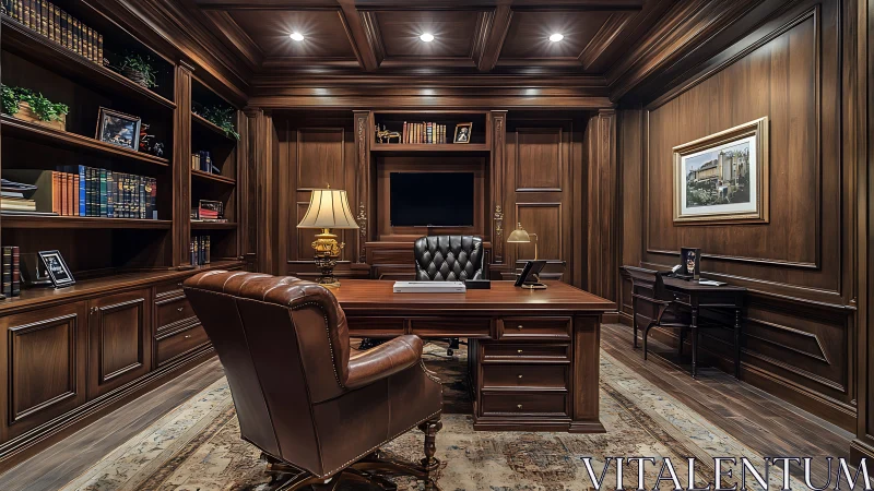 Classical executive wood-paneled office in photorealistic rendering.