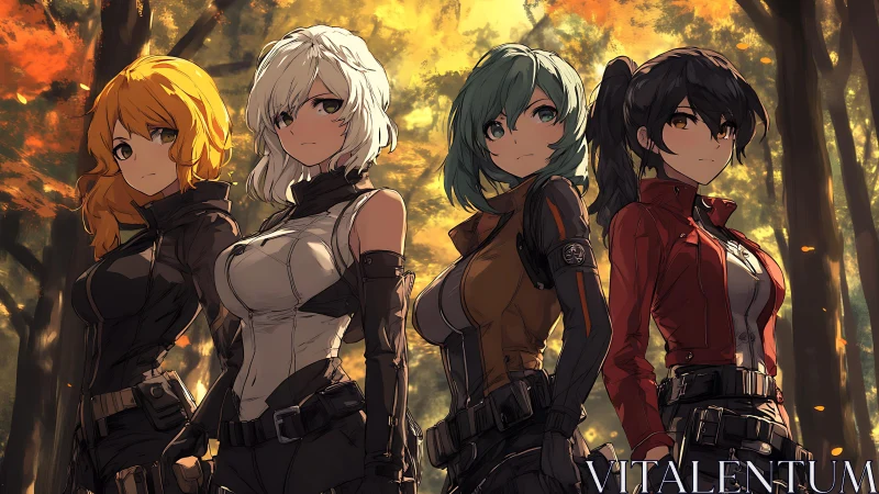 Confident anime heroines standing strong in autumn light.