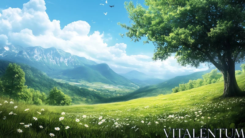 Sunlit alpine meadow slopes toward distant blue ridgeline